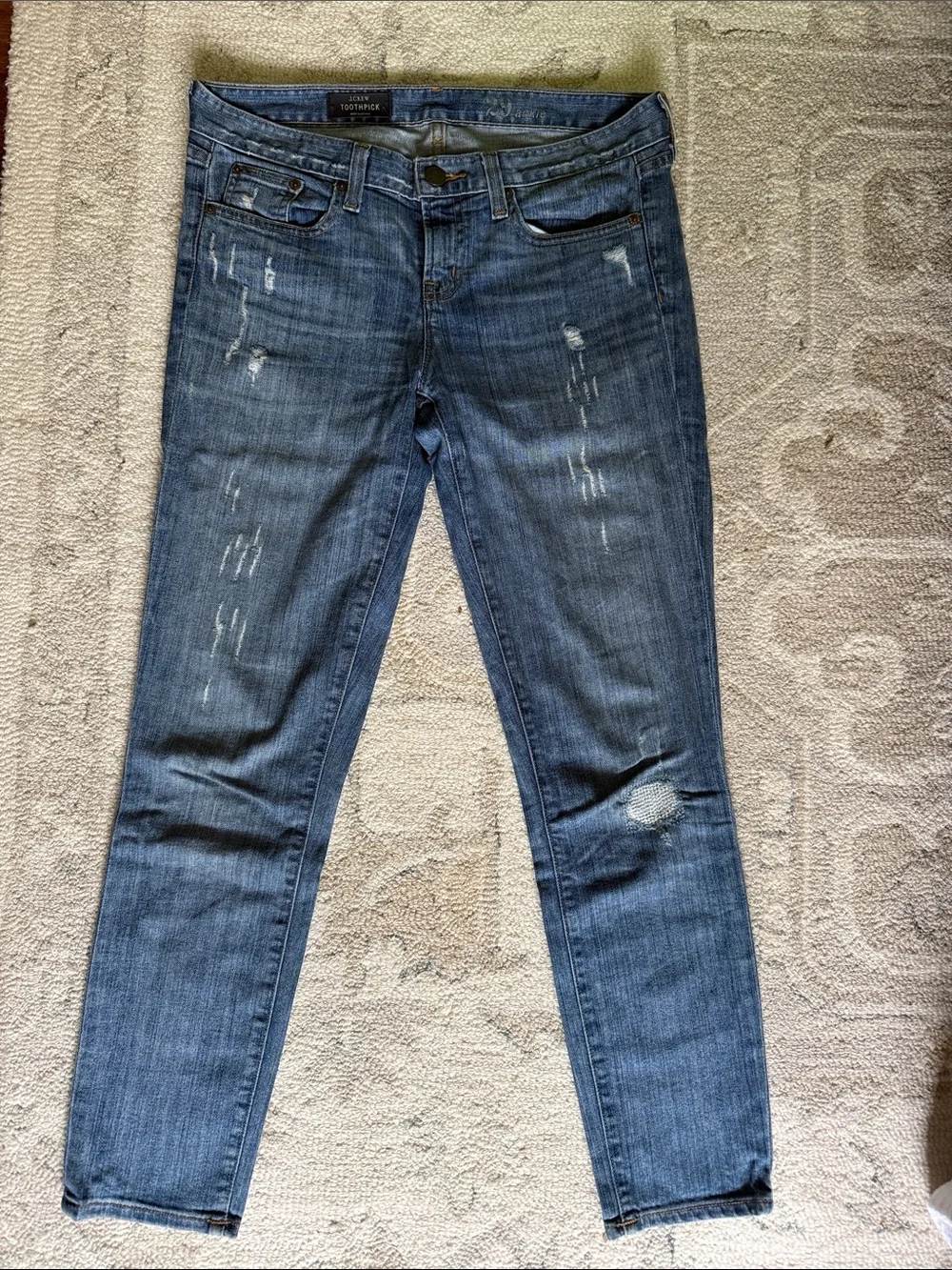 J. Crew Distressed Toothpick Ankle Jeans in Medium Blue